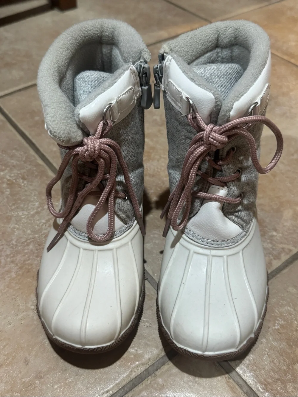 Kids White and Gray Winter Snow Boots with Pink Laces